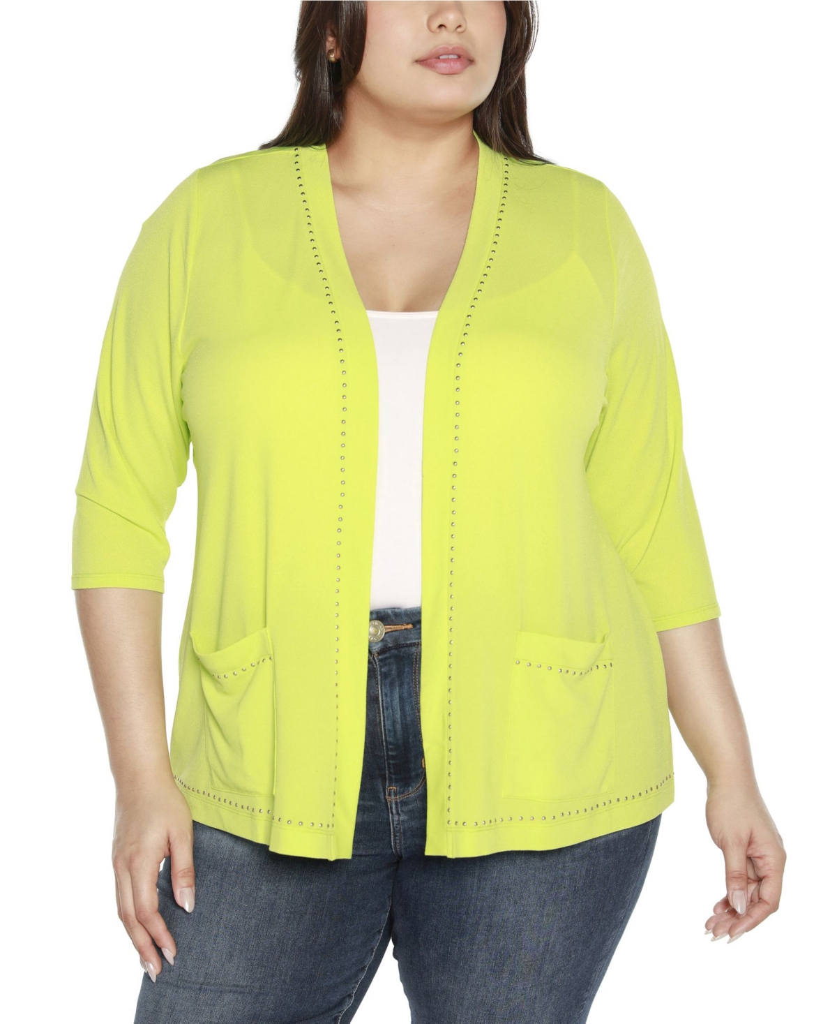 Shop Belldini Black Label Plus Size Embellished Open-front Knit Cardigan Sweater In Key Lime