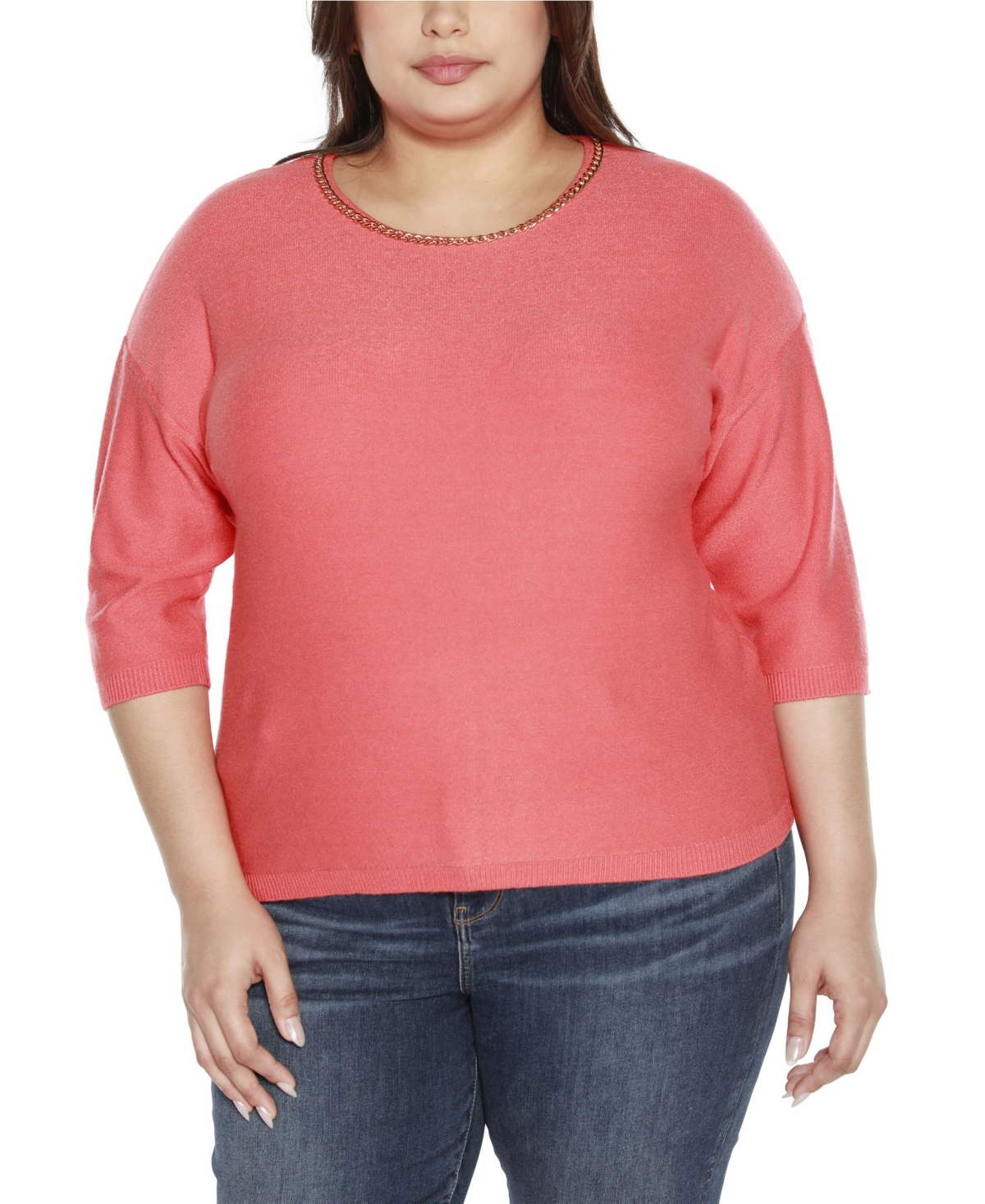 Black Label Plus Size Chain Detail 3/4-Sleeve Sweater - Coral Crush