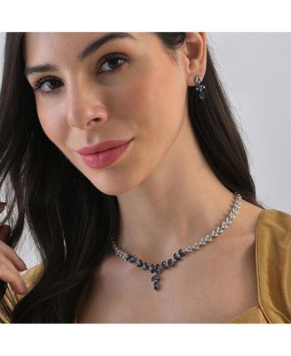 Women's Blue Stone Leaf Necklace And Earrings (Set Of 2)