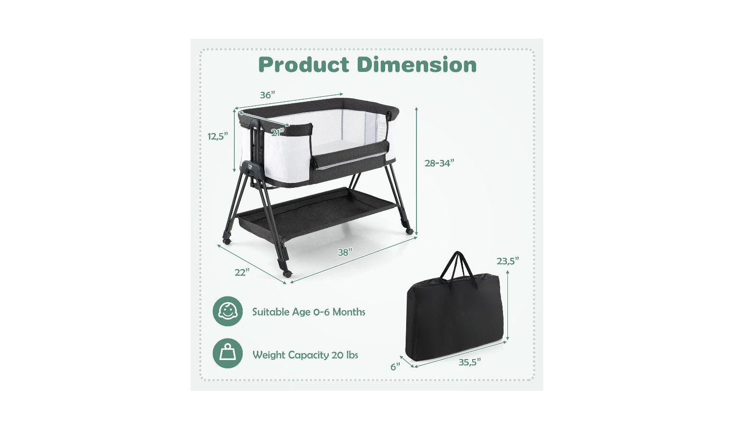 Portable Baby Bassinet Bedside Sleeper with 7 Height Adjustments