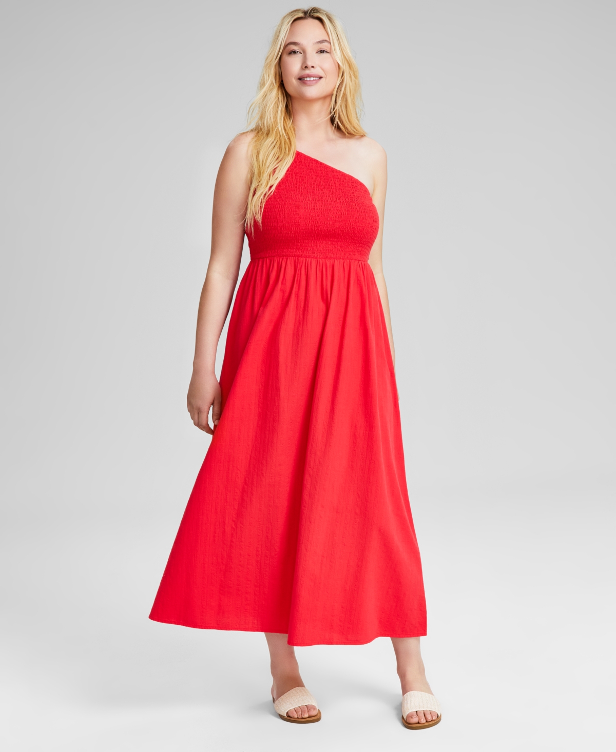 Women's Cotton One-Shoulder Smocked Maxi Dress, Created for Macy's - Hibiscus Bloom