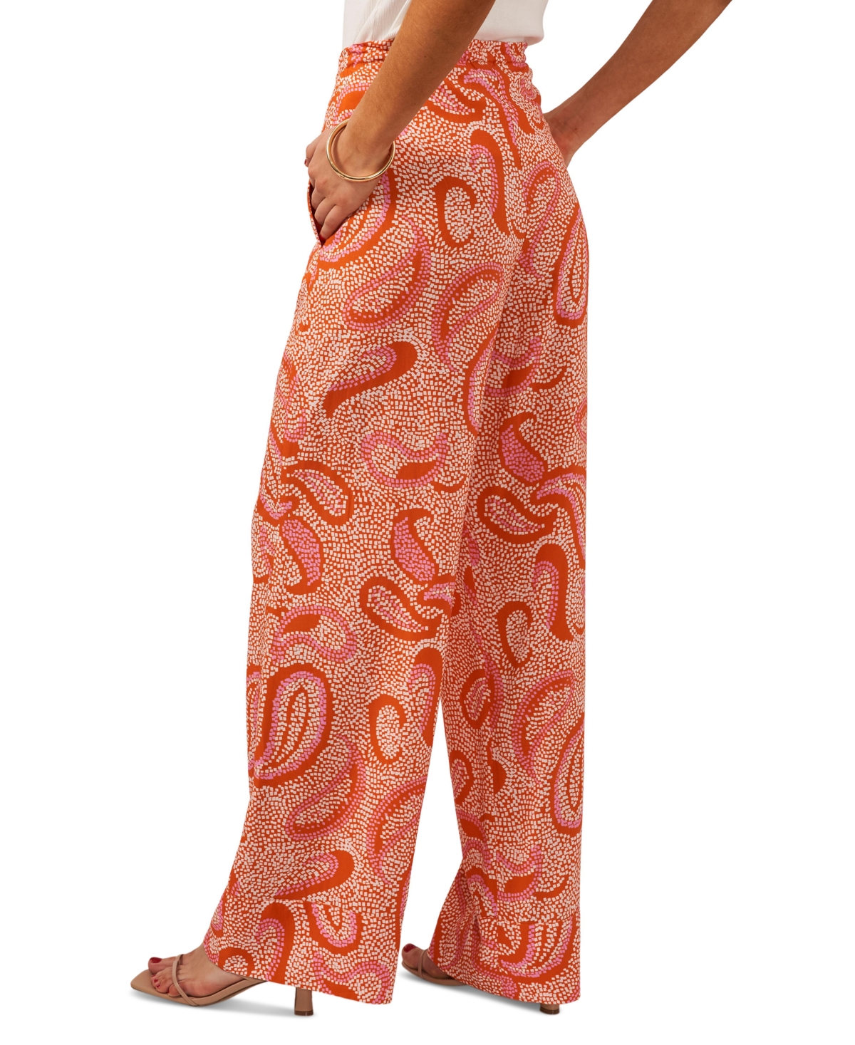 1.state Women's Paisley Print High Rise Drawstring Wide Leg Pants