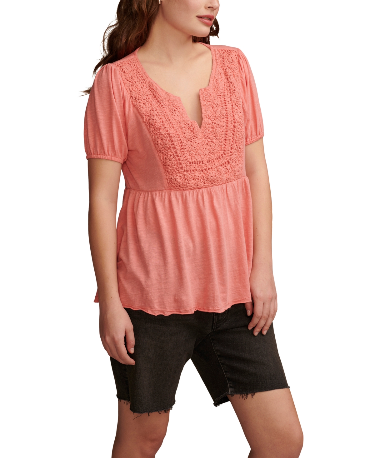Lucky Brand Women's Crochet-Yoke Short-Sleeve Babydoll Top