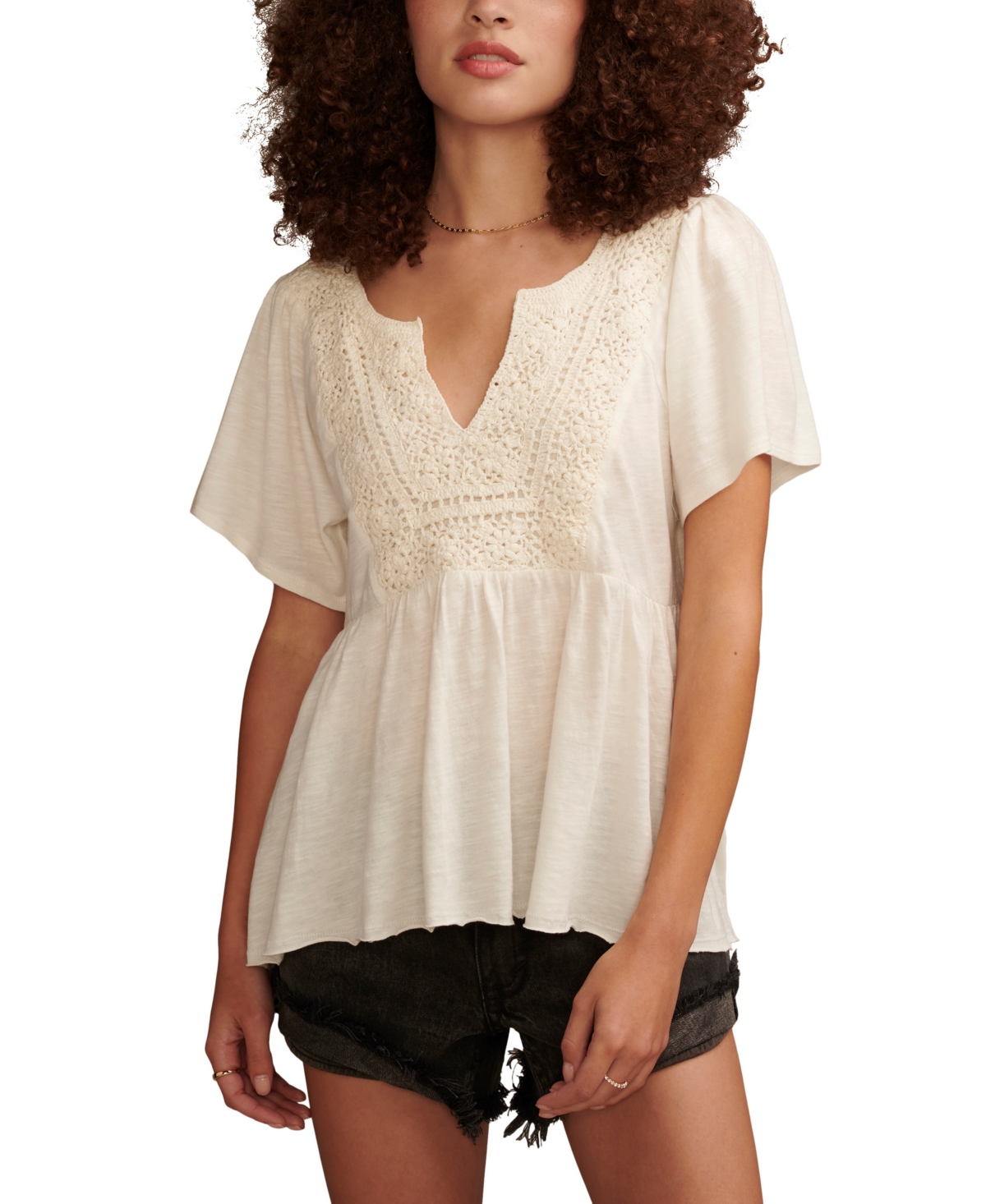 Shop Lucky Brand Women's Crochet-yoke Short-sleeve Babydoll Top In Whisper White