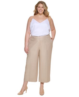 Plus Size 100% Linen Cropped Wide-Leg Pants