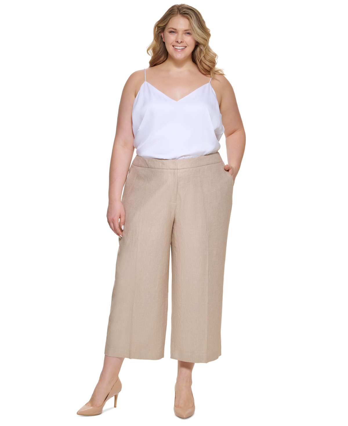 Shop Calvin Klein Plus Size 100% Linen Cropped Wide-leg Pants In Wheat,cream