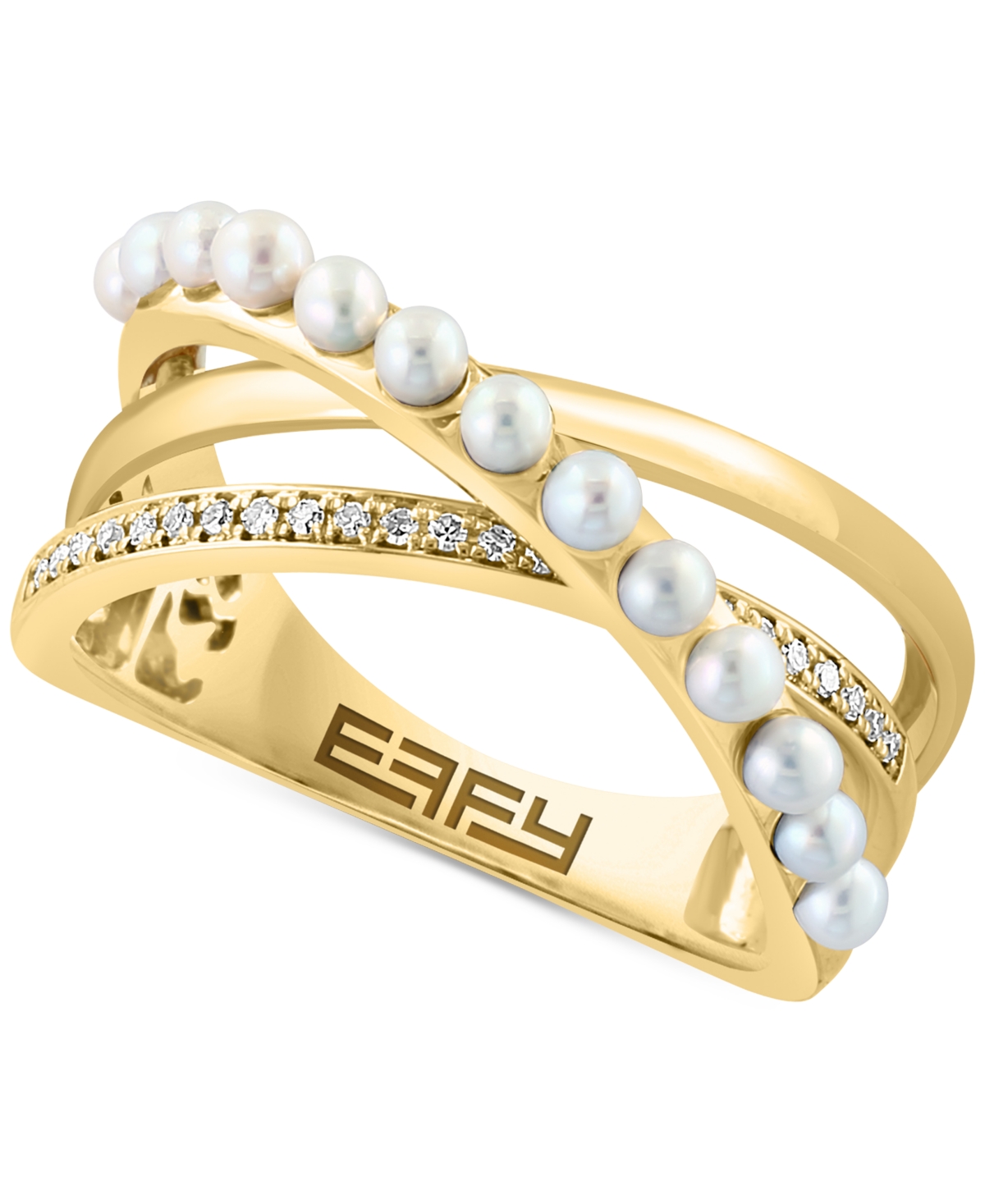 Effy Freshwater Pearl (2mm) & Diamond (1/10 ct. t.w.) Crossover Statement Ring in 14k Gold - Yellow Gol