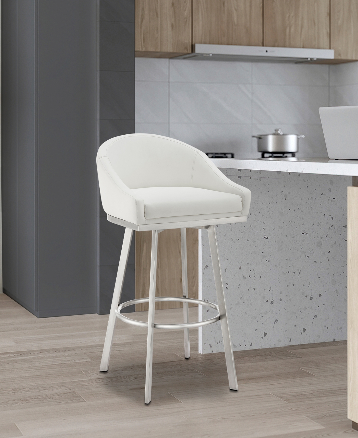 Armen Living Eleanor 26" Swivel Counter Stool In Brushed Stainless Steel With Faux Leather In White,brushed Stainless Steel