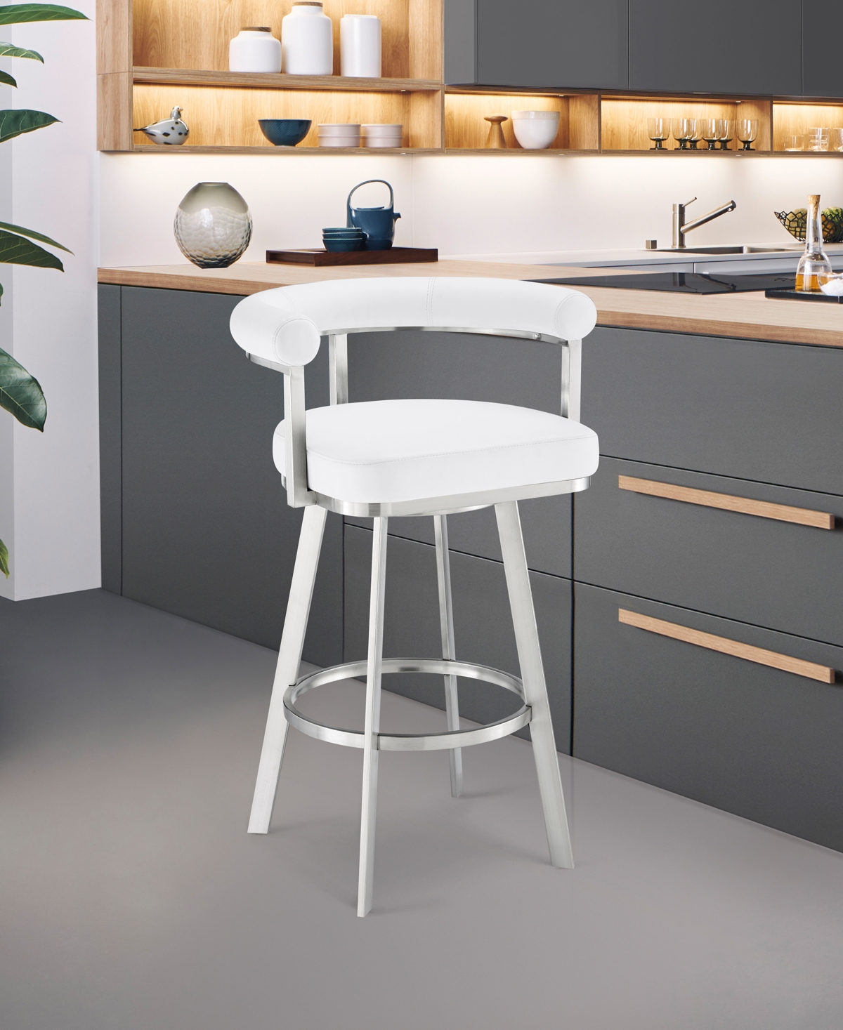 Armen Living Magnolia 26" Swivel Counter Stool In Brushed Stainless Steel With Faux Leather In White,brushed Stainless Steel