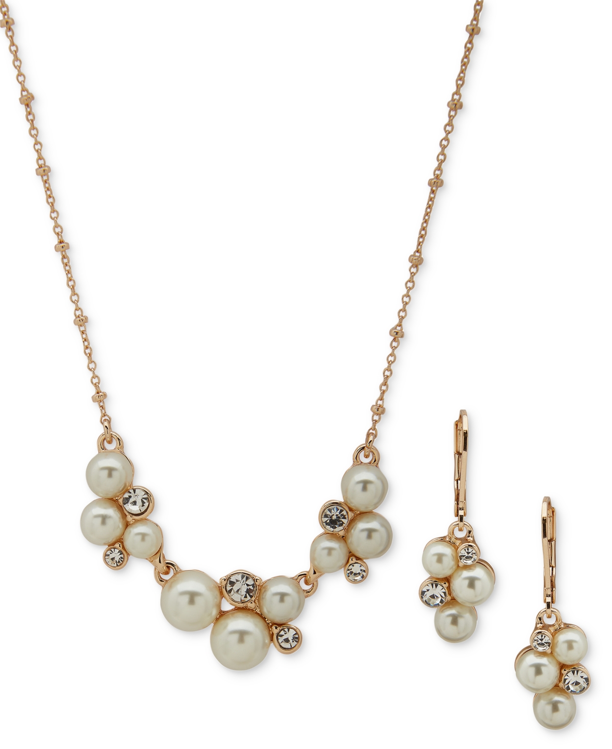 Shop Anne Klein Gold-tone Imitation Pearl Crystal Cluster Drop Earrings & Frontal Necklace Set, 16" + 3" Extender