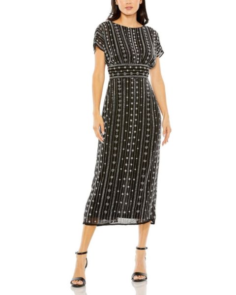 Женское платье Mac Duggal Beaded Cap Sleeve Column Midi, цвет: Чёрный