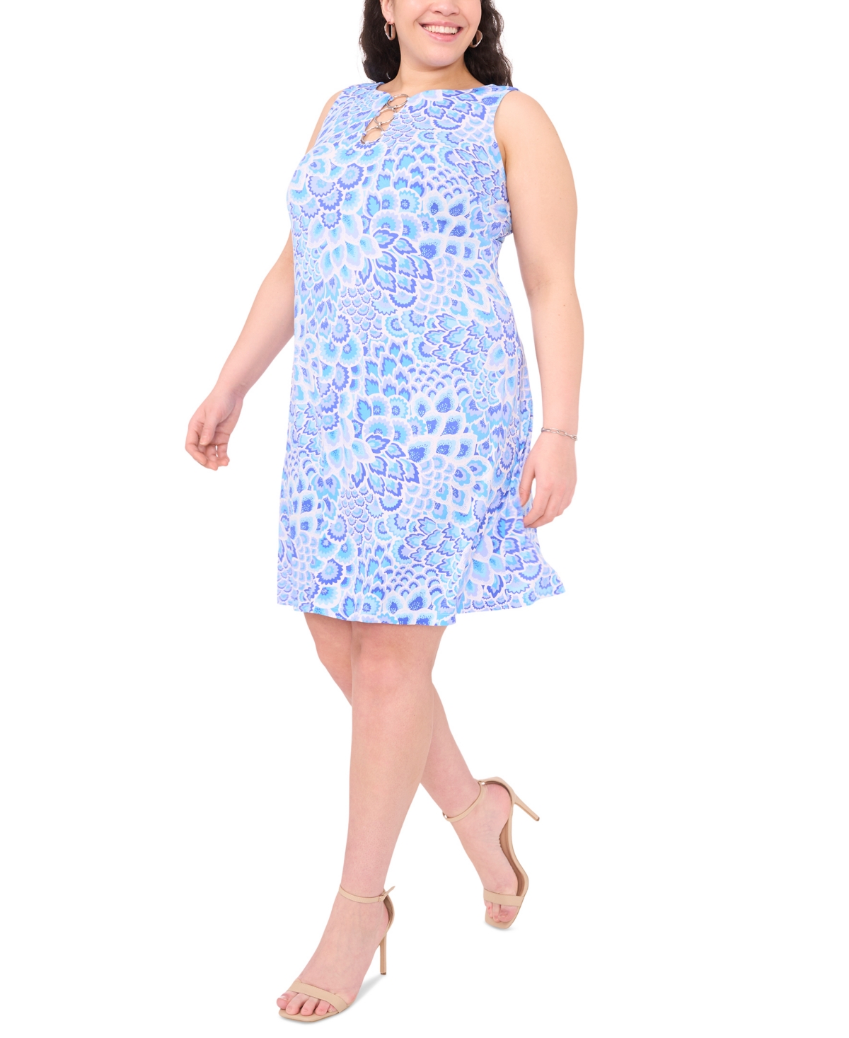 Shop Msk Plus Size Three-ring Printed Sleeveless Shift Dress In Alaskan Blue