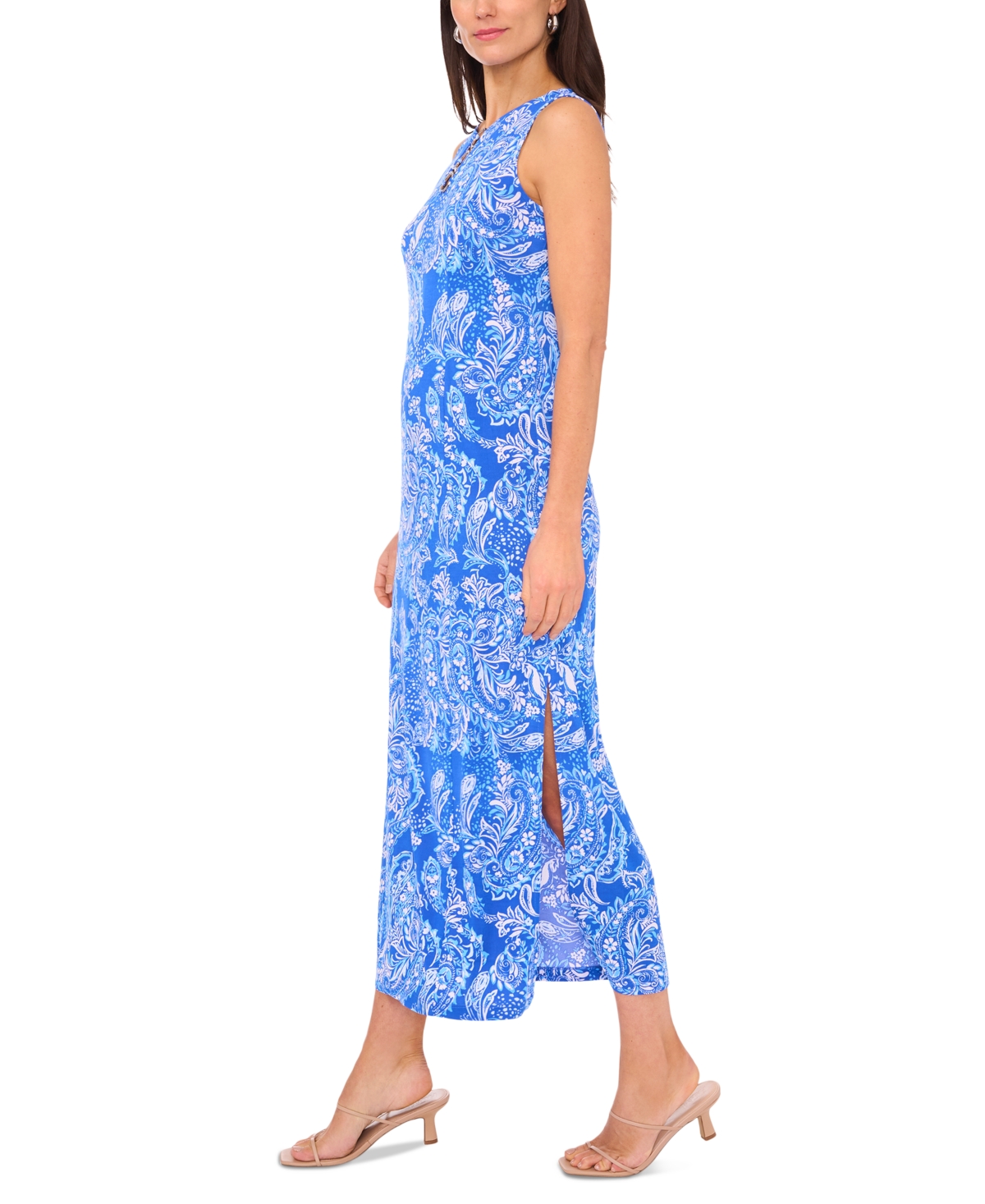 Shop Msk Petite Three-ring Printed Sleeveless Maxi Dress In Blue