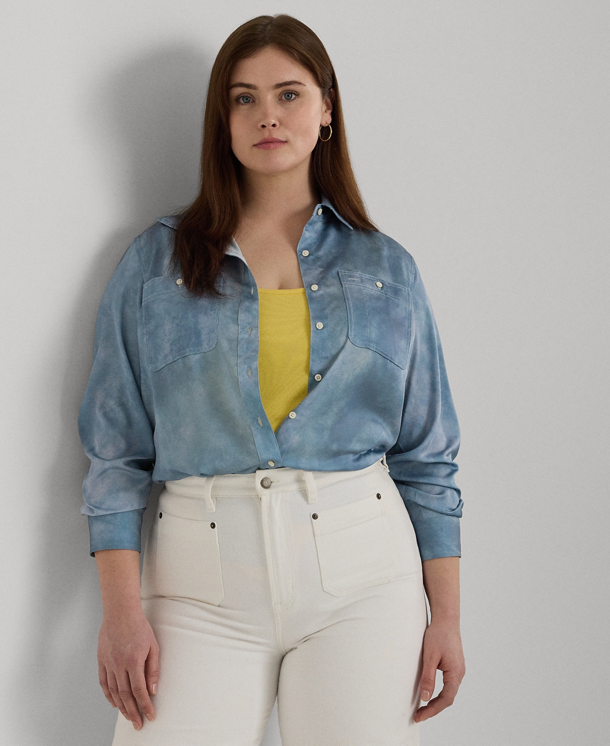Shop Lauren Ralph Lauren Plus Size Printed Charmeuse Shirt In Blue Multi