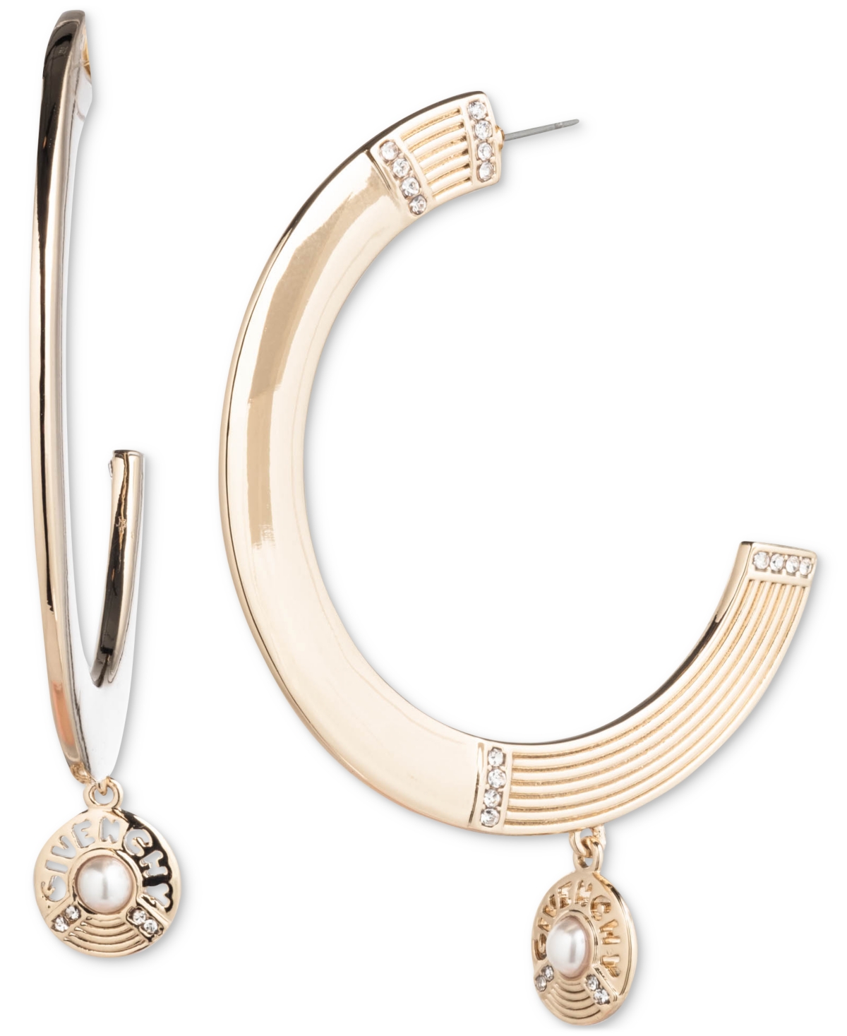 Gold-Tone Medium Pave, Imitation Pearl & Logo C-Hoop Earrings, 1.62" - White