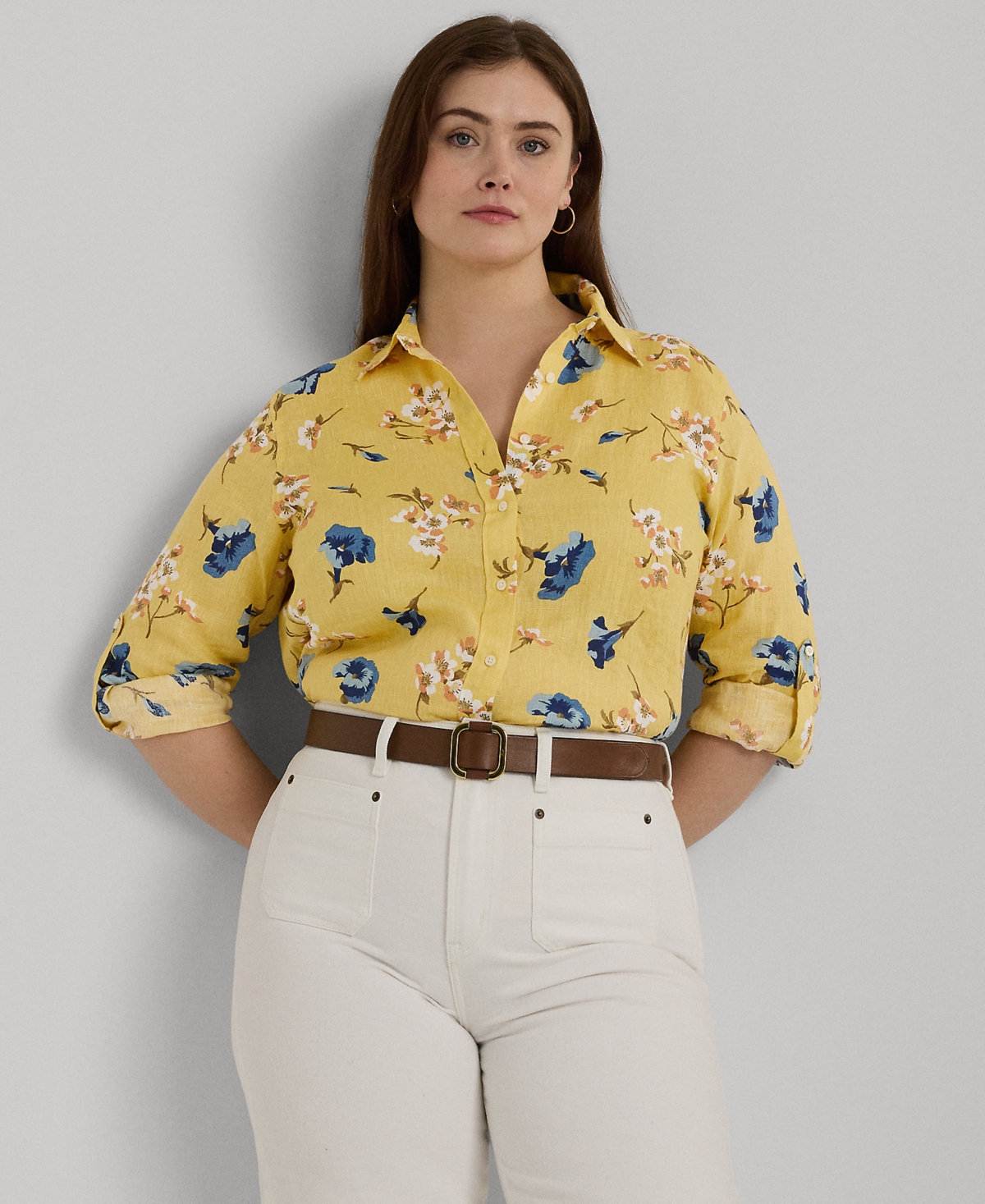 Shop Lauren Ralph Lauren Plus Size Linen Floral Shirt In Yellow