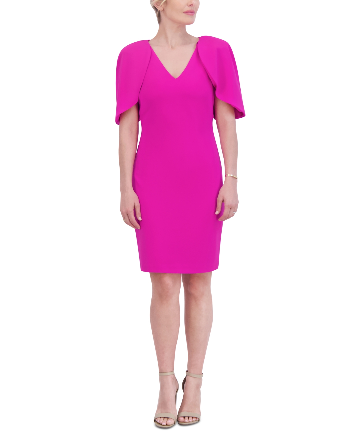 Petite Draped-Sleeve V-Neck Sheath Dress - Pink