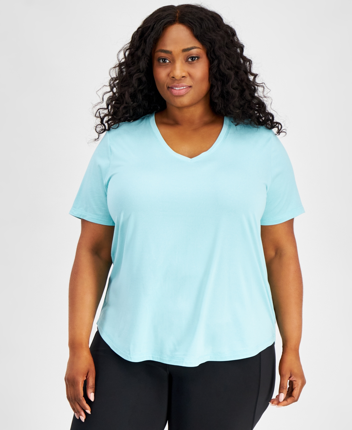 Shop Id Ideology Plus Size Curved-hem V-neck Top, Created For Macy's In Ocean Sigh