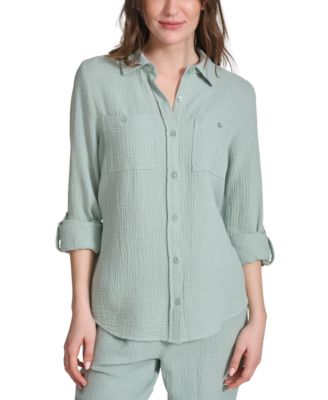 Calvin Klein Jeans - Women's Double-Crepe Button-Down Roll-Tab-Sleeve Shirt