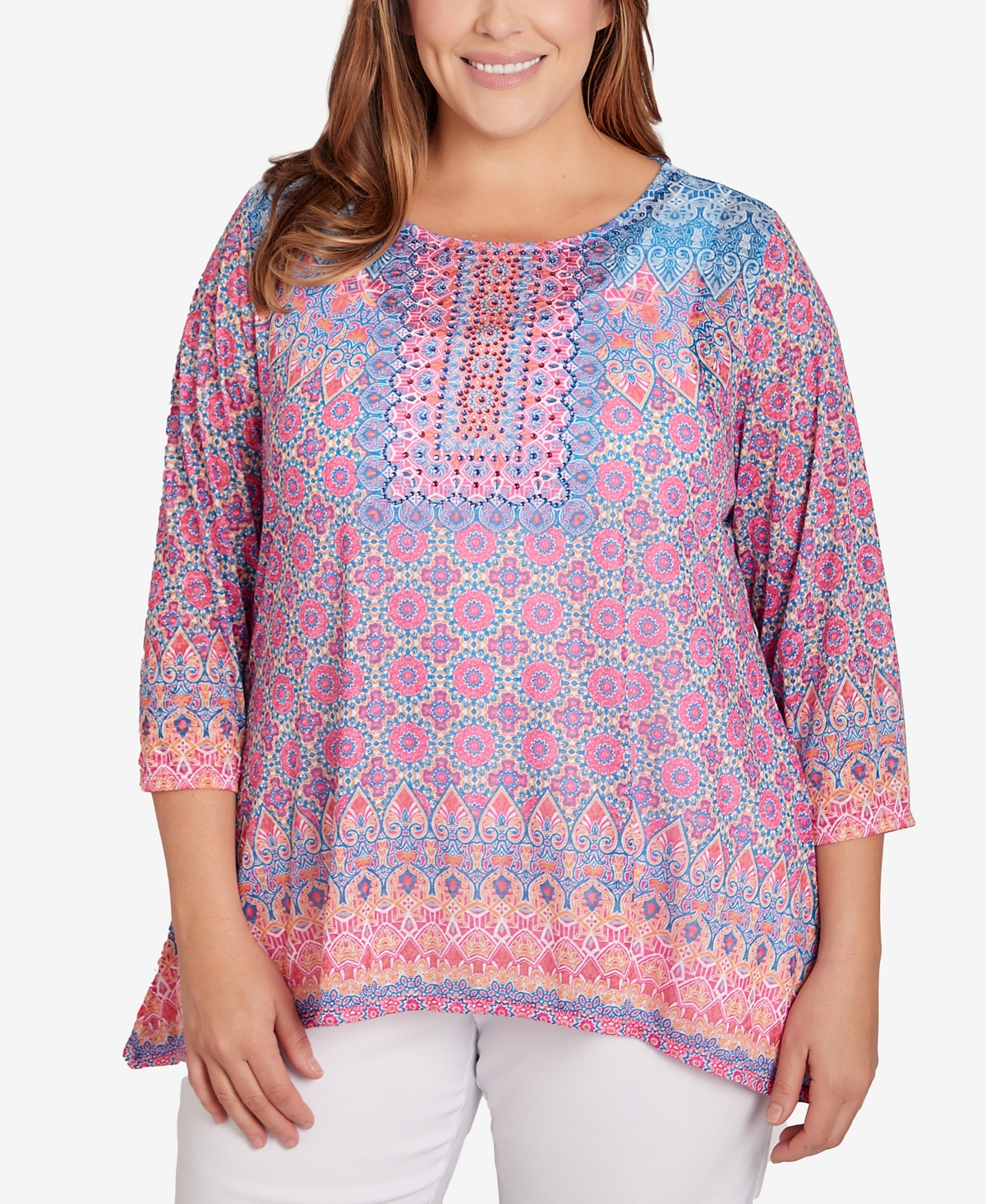 Ruby Rd. Plus Size Embroidered Geometric Top In Multi