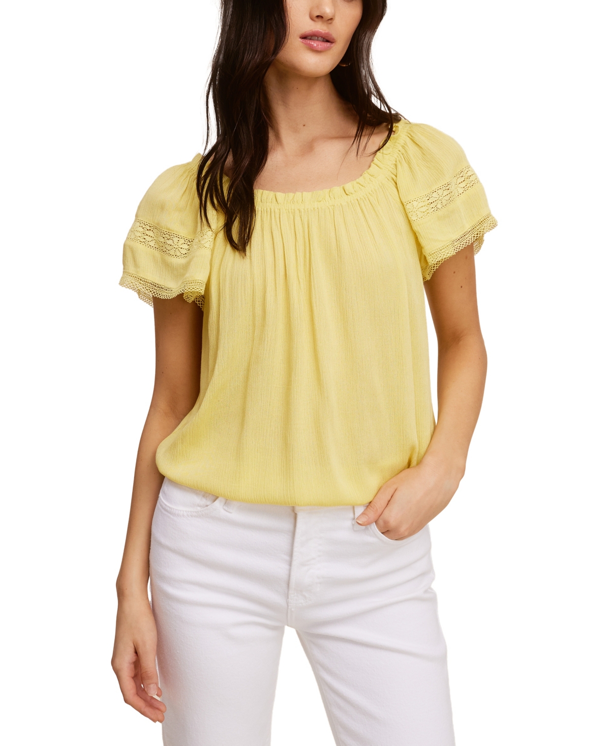 Solid Peasant Top with Lace Trim Sleeve - Yellow