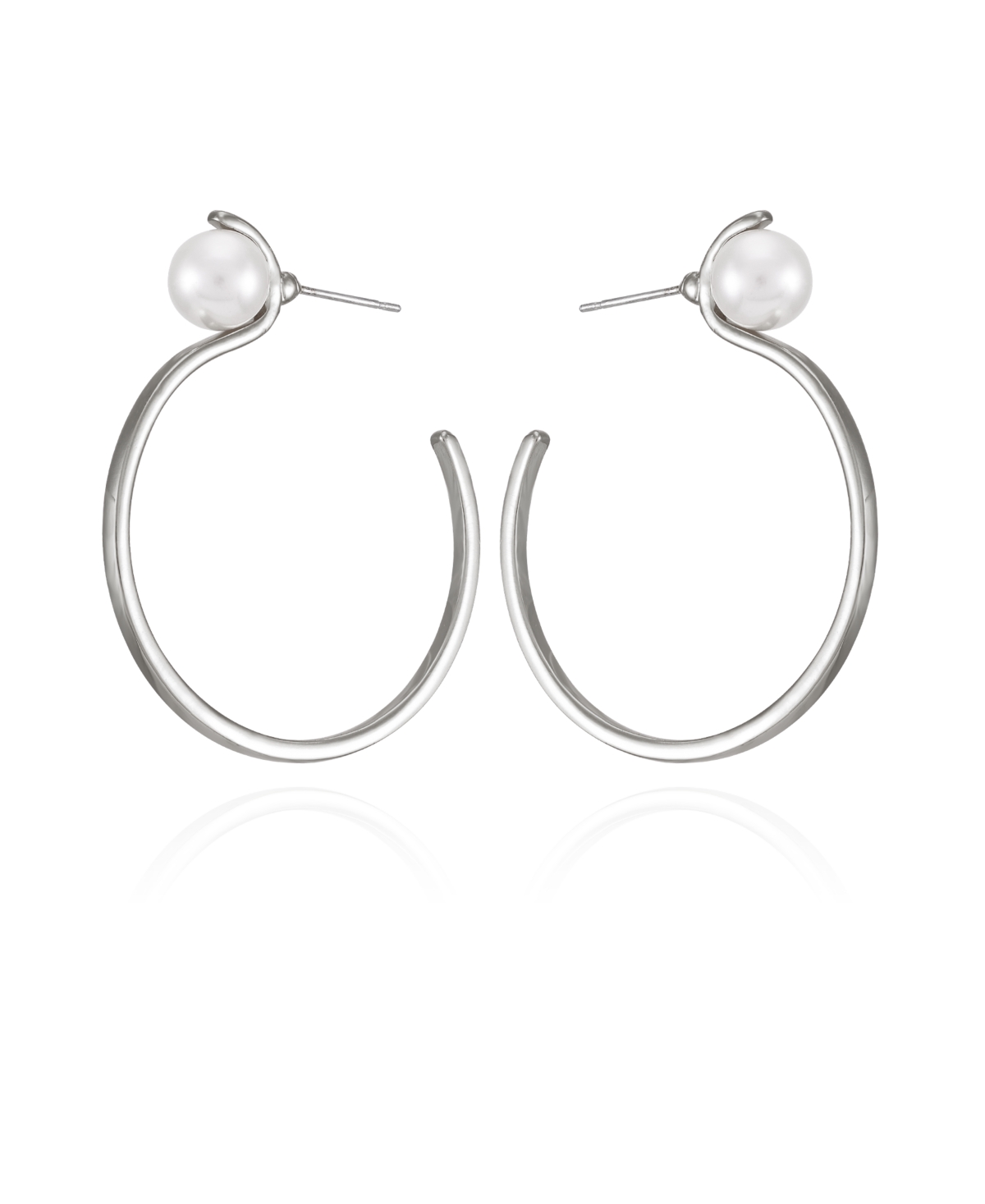 Silver-Tone Imitation Pearl Open C Hoop Earrings - Silver