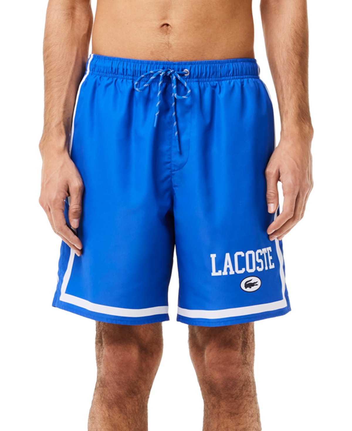 Lacoste Men's Quick-dry Logo-print Swim Trunks In Itv Abimes,farine
