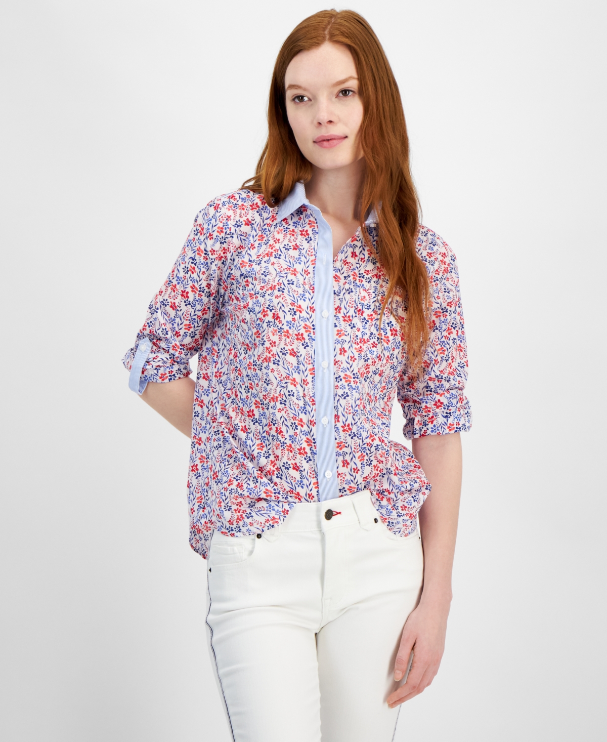 Shop Tommy Hilfiger Women's Cotton Floral Roll-tab Shirt In Sky Cap,sc
