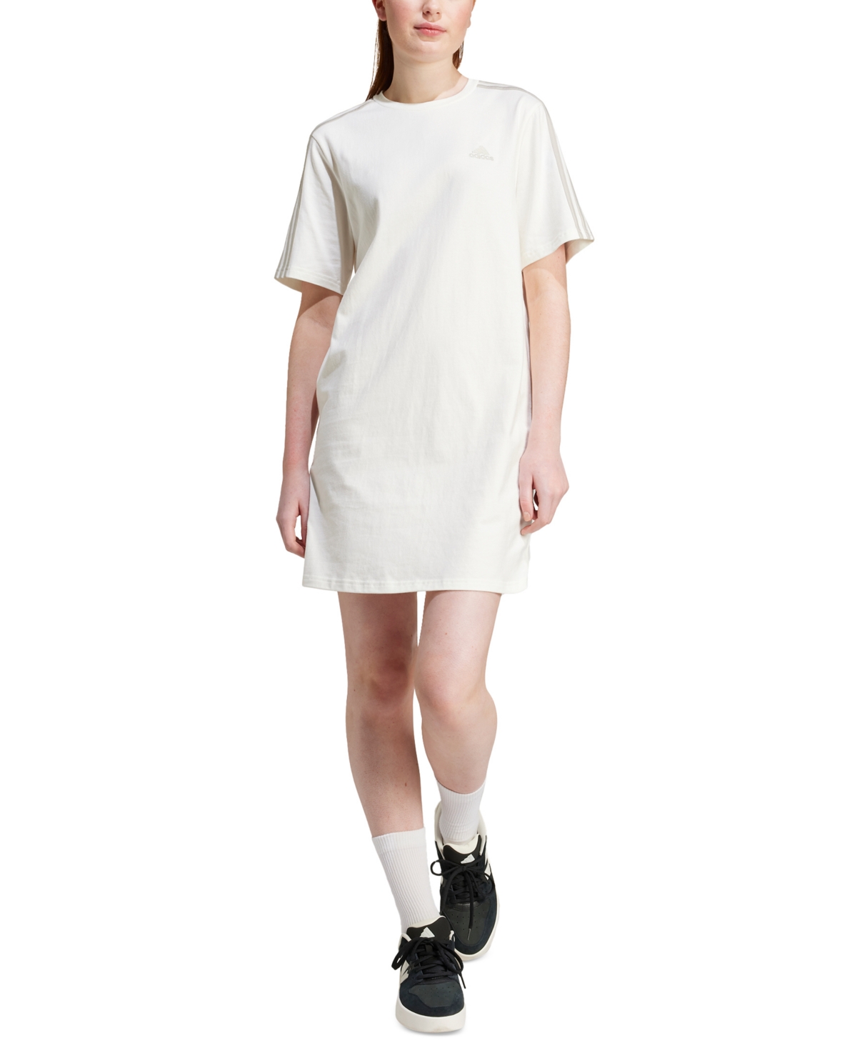 Shop Adidas Originals Women's Active Essentials 3-stripes Single Jersey Boyfriend Tee Dress In Off White
