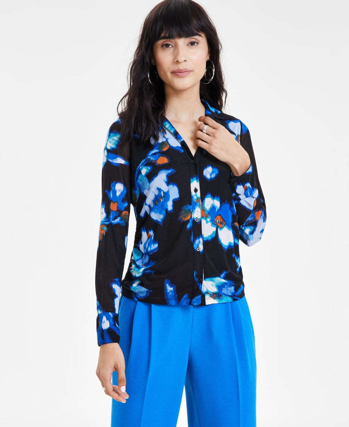 Women's Floral-Print Triple Mesh Shirt, Created for Macy's - Black/French Blue