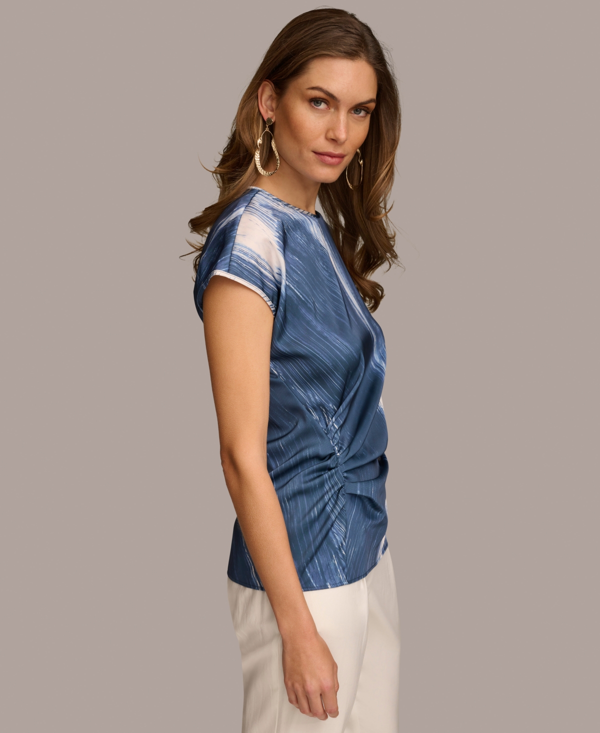 Donna Karan Women's Printed Side-Ruched Short Sleeve Top