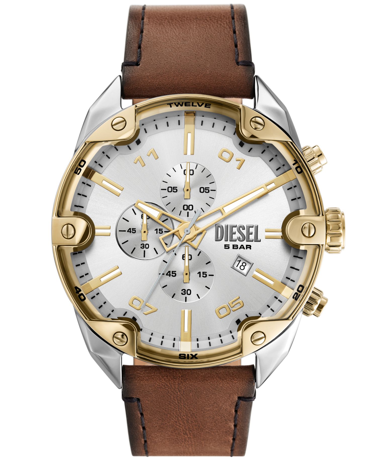 Men's Spiked Chronograph Brown Leather Watch 49mm