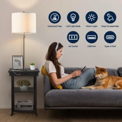 Ava - Bedside Table with Floor Lamp, USB and USB-C Ports, Charging Station