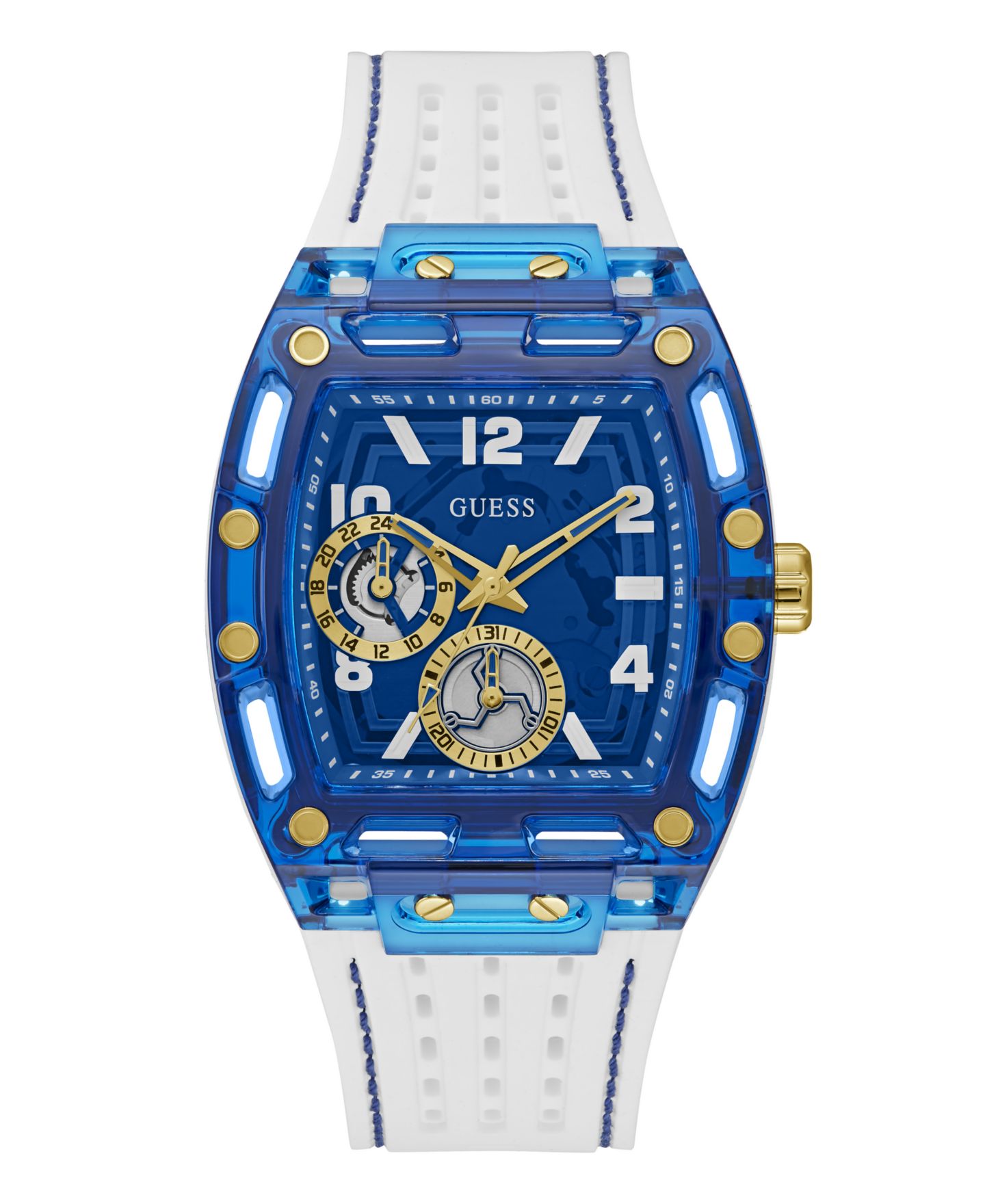 Мужские часы GUESS Multi-Function на белом силиконовом ремешке, 44 мм — фото 1