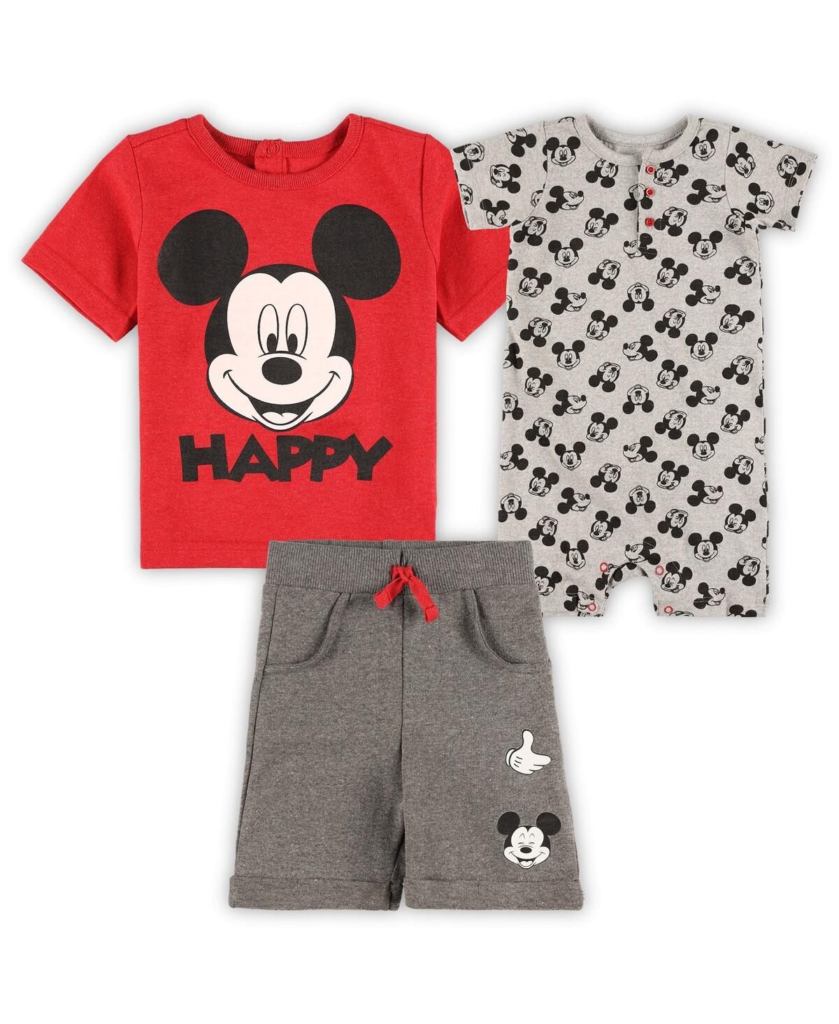 Children's Apparel Network Baby Boys And Girls Mickey Mouse Gray, Navy T-shirt, Shorts And Romper Set In Gray,navy