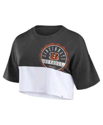 Women's Black, White Cincinnati Bengals Boxy Color Split Cropped T-shirt