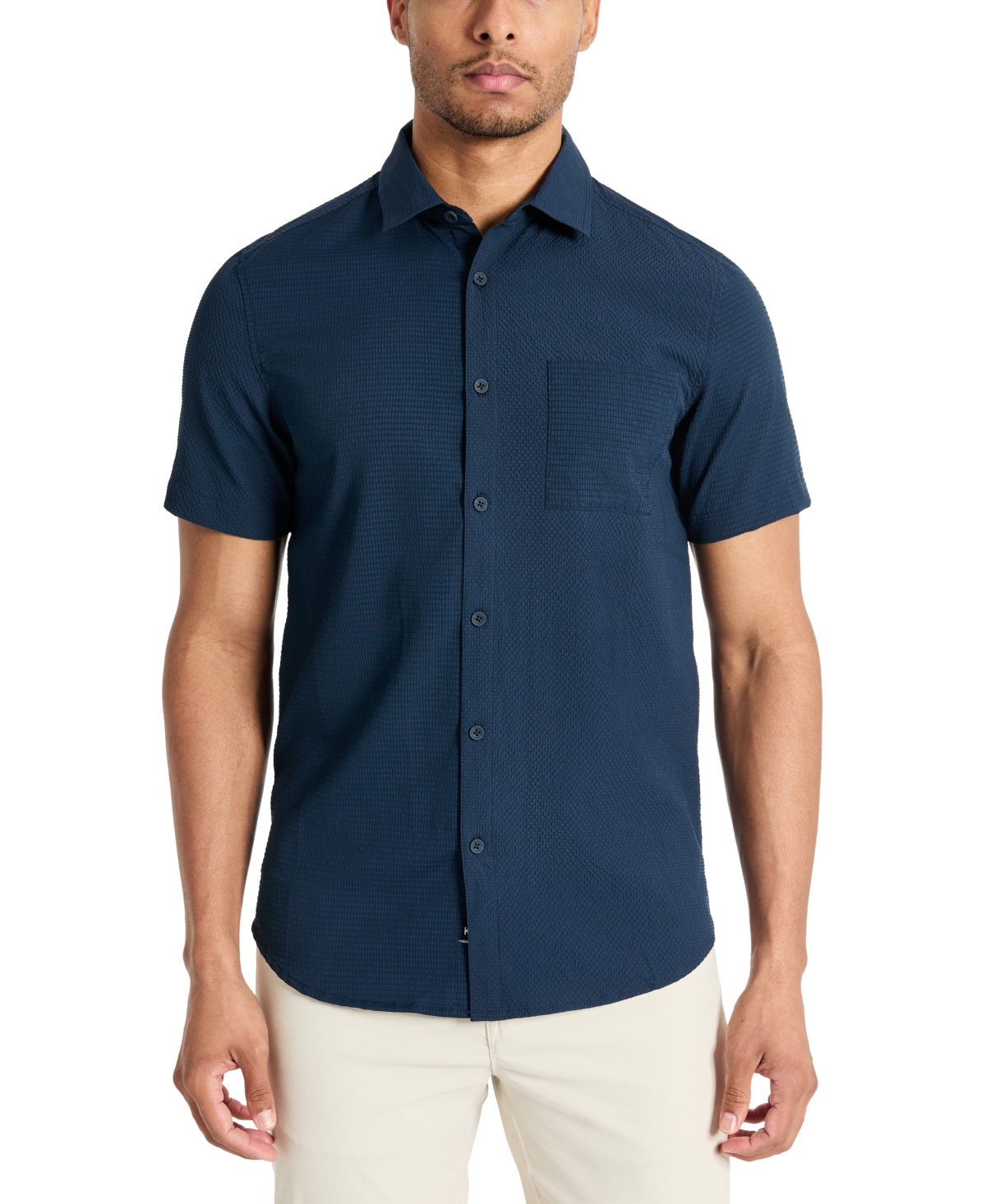 Shop Kenneth Cole Men's Slim Fit Short-sleeve Mixed Media Sport Shirt In Navy