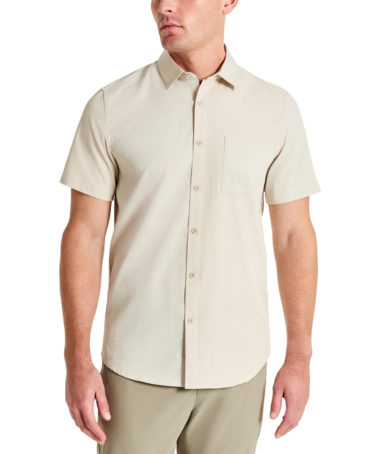 Shop Kenneth Cole Men's Slim Fit Short-sleeve Mixed Media Sport Shirt In Tan