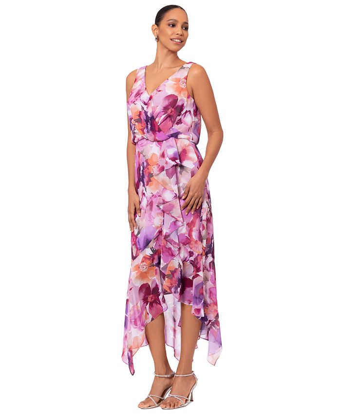 XSCAPE Petite Printed Chiffon High-Low Midi Dress - Macy's