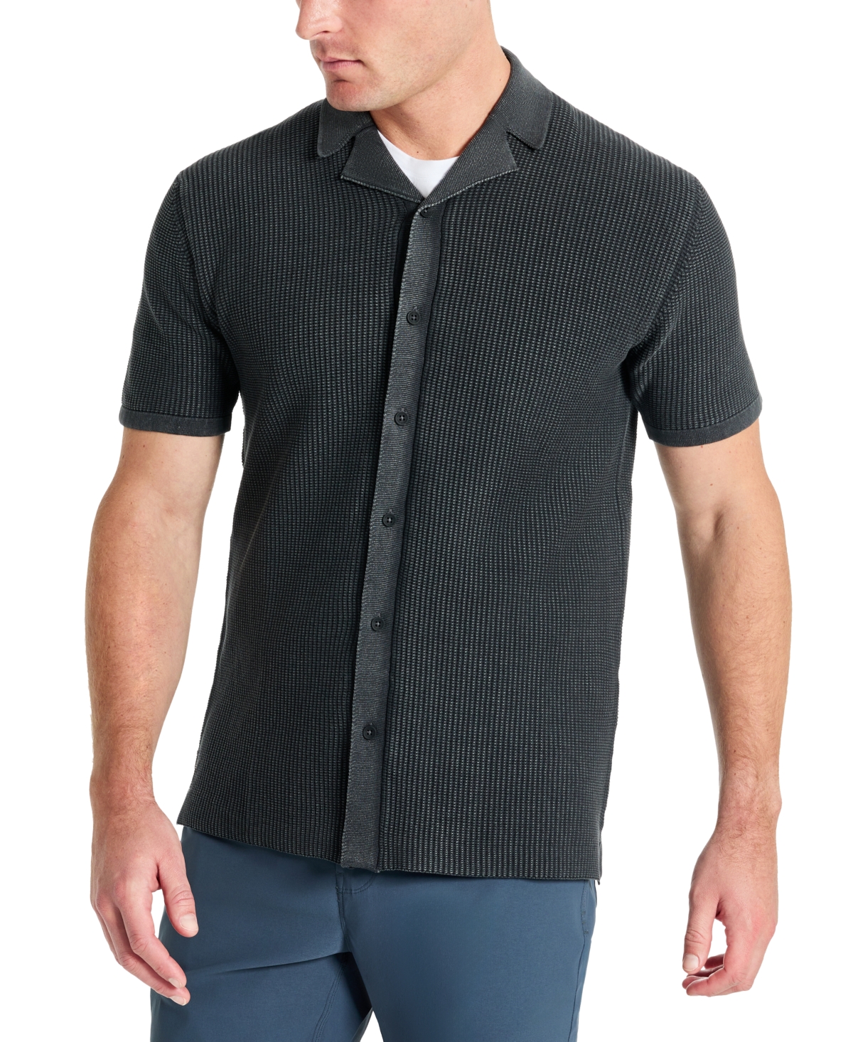Men's Acid Washed Camp Collar Short Sleeve Sweater Shirt - Black