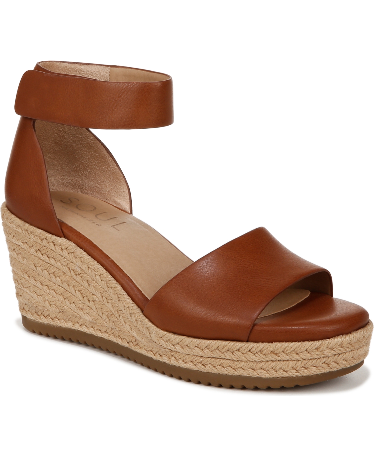 Oakley Ankle Strap Wedge Sandals - Mid Brown Faux Leather