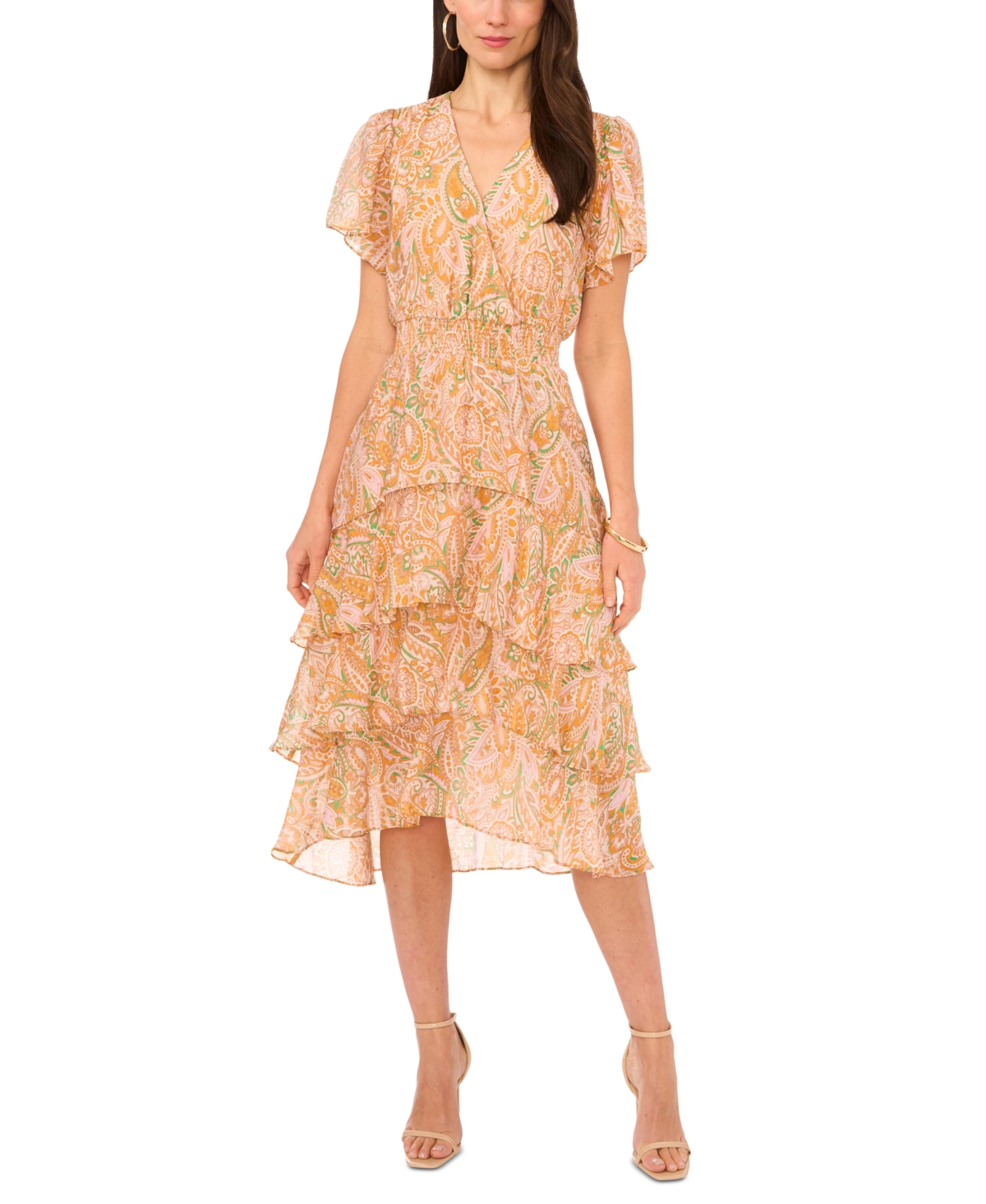 Shop Vince Camuto Women's Printed Smocked-waist Faux-wrap Tiered Midi Dress In Bright Marigold