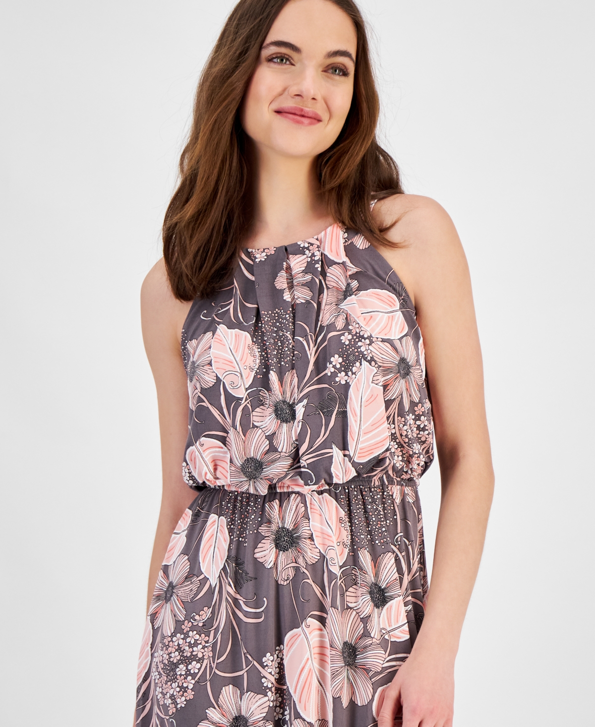 Shop Robbie Bee Petite Floral Halter Sleeveless Maxi Dress In Grey,pink