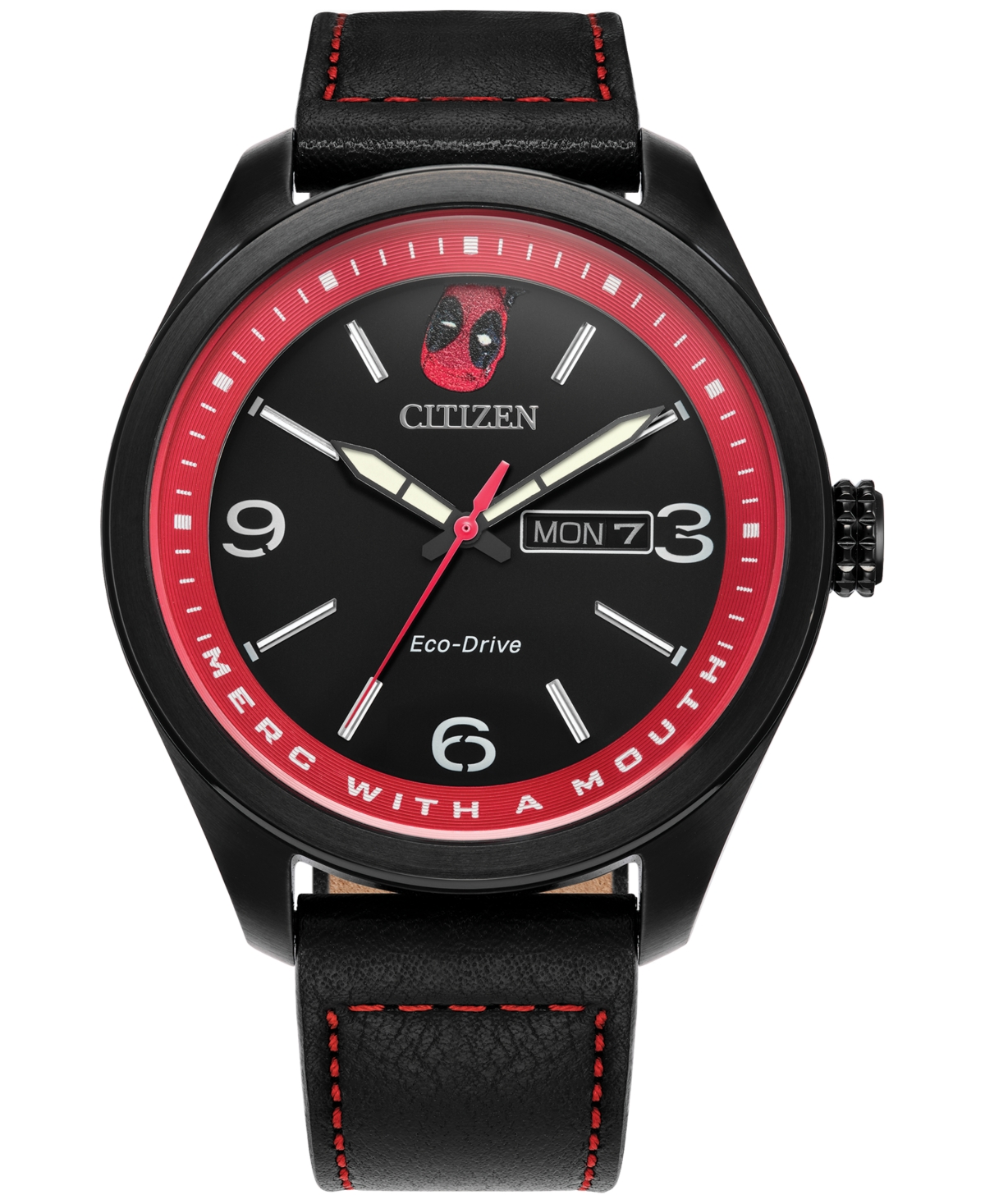 Citizen Eco-drive Men's Marvel Deadpool Returns Black Leather Strap Watch 43mm