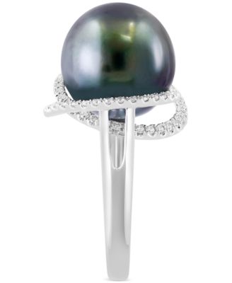 EFFY&reg; Black Tahitian Pearl (13mm) & Diamond (1/4 ct. t.w.) Double Halo Statement Ring in 14k White Gold