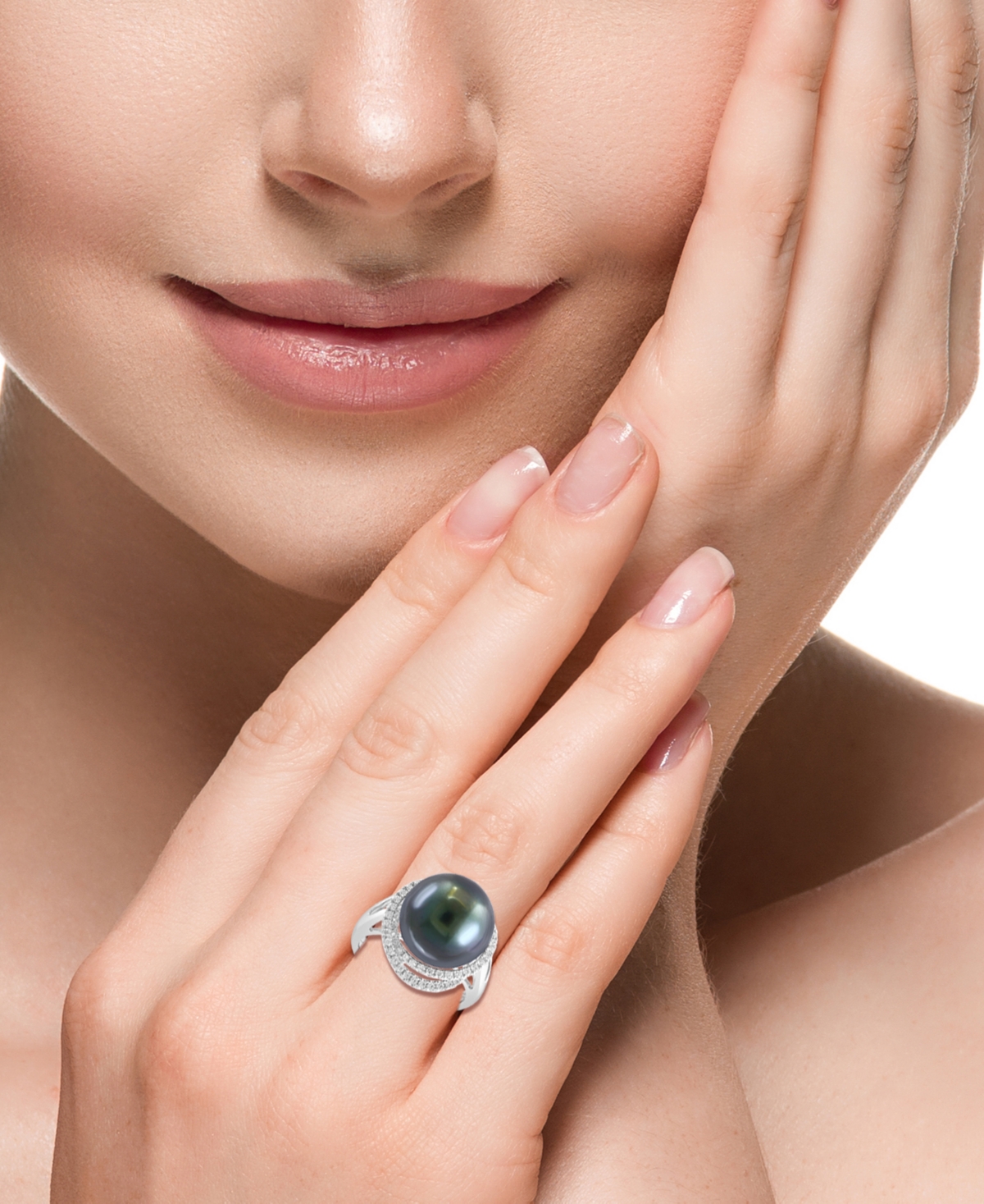 Shop Effy Collection Effy Black Tahitian Pearl (13mm) & Diamond (1/4 Ct. T.w.) Double Halo Statement Ring In 14k White Go In White Gold