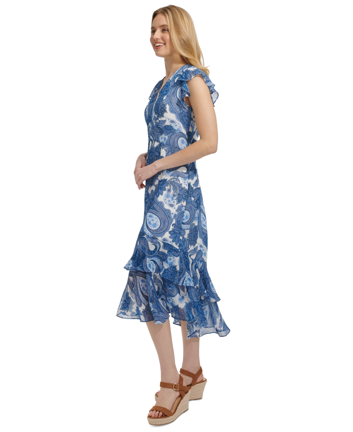 Shop Tommy Hilfiger Women's Paisley-print Ruffled Midi Dress In Ivory Blue