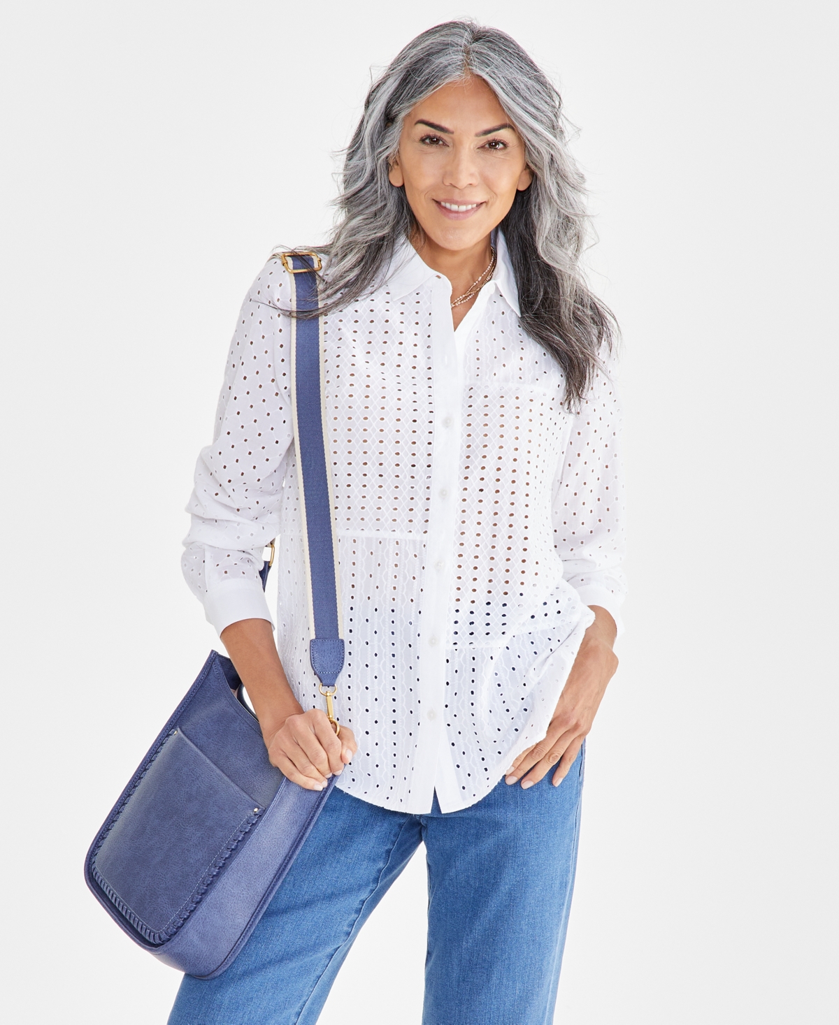 Petite Cotton Eyelet Button-Front Shirt, Created for Macy's - Bright White