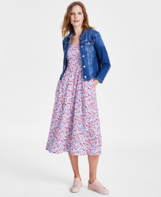 Womens Smocked Floral Print Cotton Midi Dress Denim Jacket