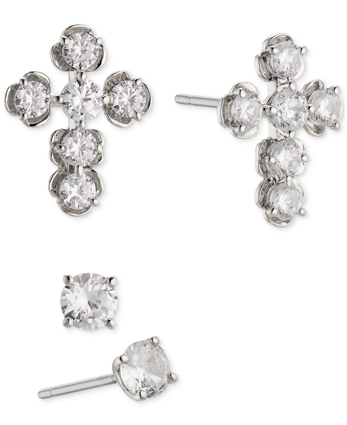 Rhodium-Plated 2-Pc. Set Cubic Zirconia Floral Cross & Solitaire Stud Earrings, Created for Macy's - Rhodium